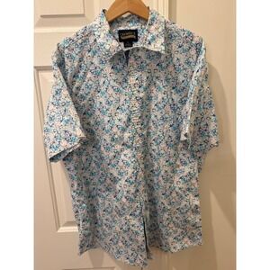 Cremieux Premium Denim Mens XL Short Sleeve Button Down Shirt Blue Pink Paisley